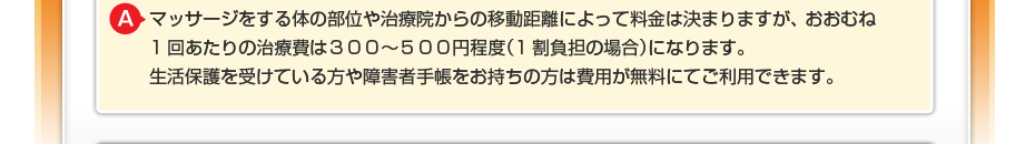 マッサージをする体の部位や治療院からの移動距離によって料金は決まりますが、 おおむね1回あたりの治療費は300~500円程度(1割負担の場合)になります。 生活保護を受けている方や障害者手帳をお持ちの方は費用が無料にてご利用できます。